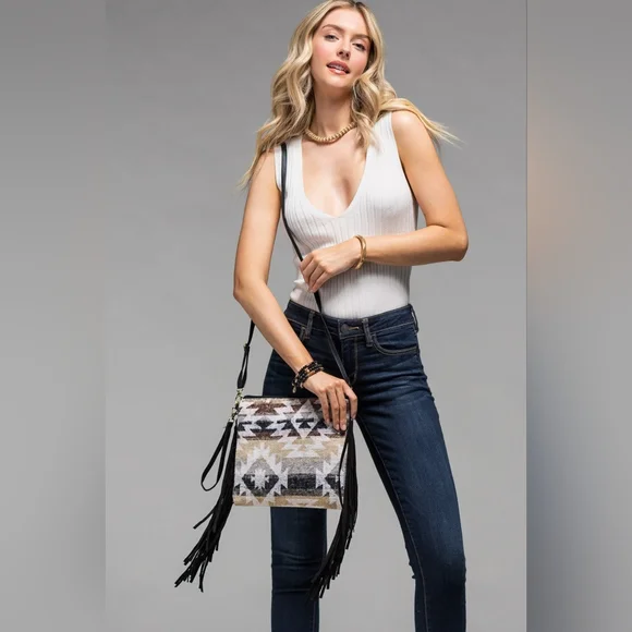 Fringed Crossbody Bag - Ethnic Southwest inspired Design - Clutch Strap Included - Picture 3 of 6